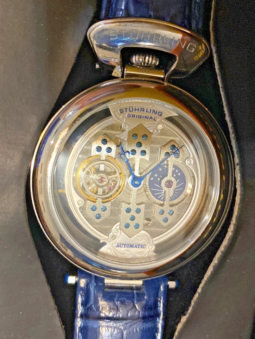 Stuhrling Emperor 1889 127B.3315C25 Automatic Skeleton Watch Box Papers Blue